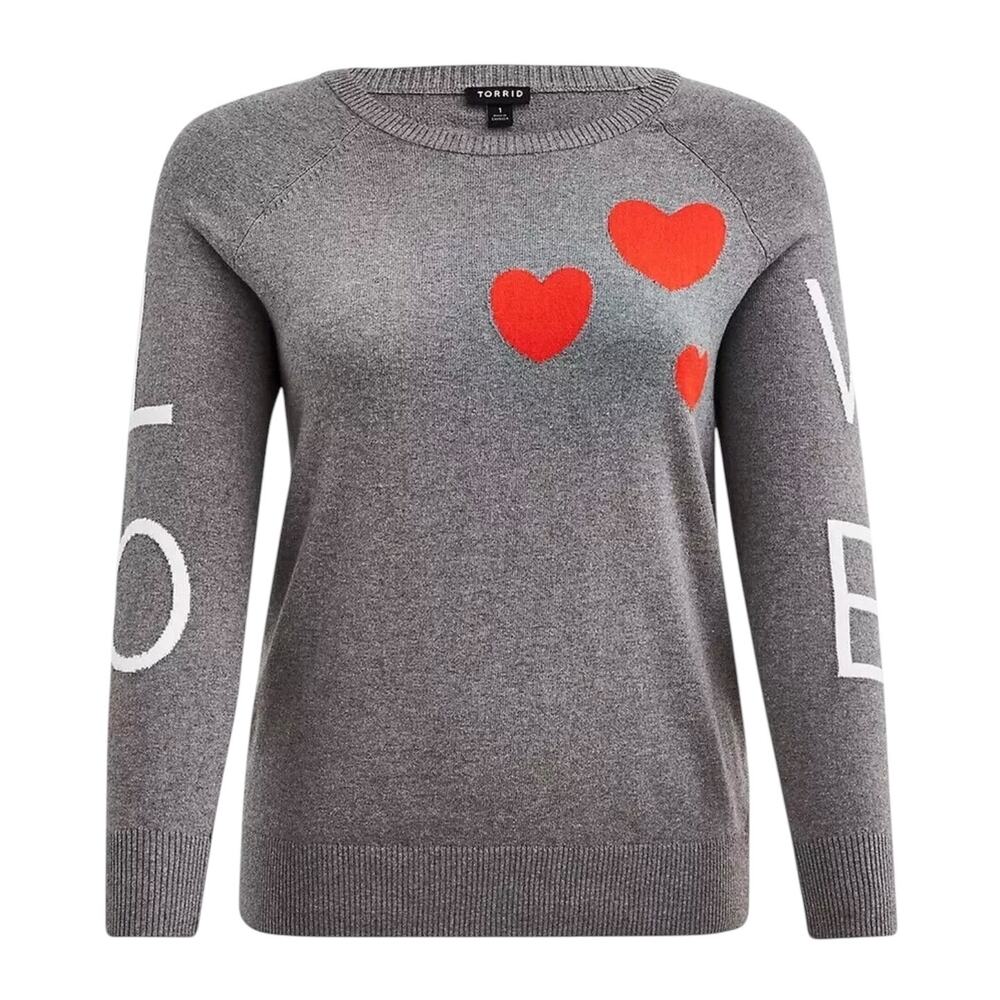 Torrid Raglan Pullover Sweater Valentine Heart Love Gray Sz 00 M